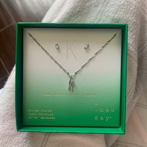 Silver plated Letter K Necklace And Earrings